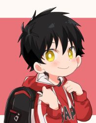 Rule 34 | 1boy, 62isako, backpack, bag, black hair, blush, child, closed mouth, commentary request, grin, holding strap, hood, hooded jacket, hoodie, jacket, long sleeves, looking at viewer, male focus, original, randoseru, red background, red jacket, short hair, simple background, smile, solo, upper body, yellow eyes