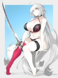 Rule 34 | 1girl, arm support, bikini, breasts, collarbone, fate/grand order, fate (series), halterneck, head tilt, highres, huge breasts, jeanne d&#039;arc alter (fate), jeanne d&#039;arc alter (swimsuit berserker) (fate), katana, large breasts, long hair, navel, o-ring, o-ring bikini, pale skin, pinky out, ri o ne su, sidelocks, single thighhigh, sitting, skindentation, solo, swimsuit, sword, thigh strap, thighhighs, very long hair, weapon, white hair, yellow eyes