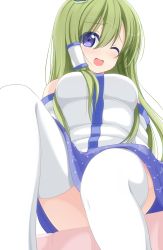 Rule 34 | 1girl, ;d, bad id, bad pixiv id, bare shoulders, blue eyes, chimunge, detached sleeves, female focus, green hair, hair tubes, highres, kochiya sanae, long hair, one eye closed, open mouth, smile, solo, thighhighs, touhou, white thighhighs, wink
