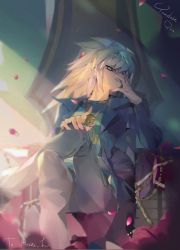 Rule 34 | 1boy, artist name, black coat, coat, crossed legs, grey pants, hand on own face, hand up, long hair, long sleeves, male focus, millennium ring, pants, petals, shirt, sitting, striped clothes, striped shirt, throne, white hair, yami bakura, youduk, yu-gi-oh!, yu-gi-oh! duel monsters
