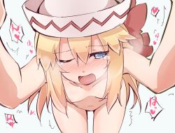 Rule 34 | 1girl, bent over, blonde hair, blue eyes, blush, bow, breasts, hair censor, hat, hat bow, heart, implied sex, lily white, navel, nude, one eye closed, simple background, small breasts, solo, spoken heart, tears, touhou, wince, yutamaro