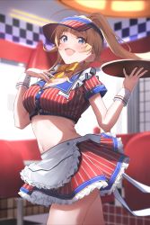 Rule 34 | 1girl, absurdres, ahoge, blonde hair, blurry, blurry background, blush, breasts, cleavage, crop top, depth of field, hachimiya meguru, highres, holding, holding tray, idolmaster, idolmaster shiny colors, looking at viewer, medium breasts, navel, ponytail, restaurant, shirt, skirt, smile, solo, striped clothes, striped shirt, striped skirt, tray, waitress, wrist cuffs, yuuka1127t