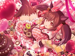 Rule 34 | 1girl, alternate costume, animal ears, apron, balloon, blurry, blush, box, breasts, brown hair, brown thighhighs, cake, cake slice, chocolate, closed mouth, cookie, cup, cupcake, depth of field, doughnut, dress, food, frilled dress, frills, gift, gift box, hat, heart balloon, hishi akebono (laughing at fondente) (umamusume), hishi akebono (umamusume), holding, holding food, horse ears, horse girl, horse tail, large breasts, latte art, long hair, looking at viewer, macaron, mini hat, pink dress, pink footwear, plate, puffy short sleeves, puffy sleeves, red eyes, shoes, short sleeves, signature, sitting, solo, sparkle, tail, thighhighs, tongue, tongue out, twintails, umamusume, unajiru, valentine, waist apron, wrist cuffs