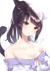 Rule 34 | 1girl, animal ears, warrior of light (ff14), bad id, bad pixiv id, bare shoulders, black hair, breasts, brown eyes, cat ears, cat girl, cat tail, cleavage, dated, dress, facial mark, fictional persona, final fantasy, final fantasy xiv, high ponytail, highres, large breasts, looking at viewer, miqo&#039;te, misaki (pixiv30645085), off-shoulder dress, off shoulder, ponytail, simple background, tail, whisker markings, white dress