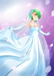 Rule 34 | 1girl, aquamarine-39, armpits, bare shoulders, breasts, cleavage, clothes lift, collarbone, creatures (company), dress, elbow gloves, flower, game freak, gardevoir, gen 3 pokemon, gloves, green hair, hair flower, hair ornament, highres, jewelry, looking at viewer, mega gardevoir, mega pokemon, necklace, nintendo, personification, petals, pokemon, red eyes, short hair, skirt, skirt lift, wedding, wedding dress