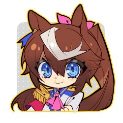 1girl :&gt; animal_ears asymmetrical_hair blue_collar blue_eyes blue_sash blue_shirt border bow chibi chibi_only collar collared_shirt cowlick dot_nose double-parted_bangs earrings epaulettes grey_background grey_hair grey_shirt hair_between_eyes hair_bow hair_flaps hand_on_own_arm horse_ears jewelry light_blush light_brown_hair long_hair looking_at_viewer multicolored_hair neckerchief orange_outline outside_border pink_armband pink_neckerchief polka_dot polka_dot_background ponytail portrait rounded_corners sash shirt short_eyebrows shoulder_sash single_earring single_epaulette single_eyebrow smile solo streaked_hair three_quarter_view tokai_teio_(umamusume) two-tone_shirt umamusume v-shaped_eyebrows white_border wing_collar yaduyuzhi