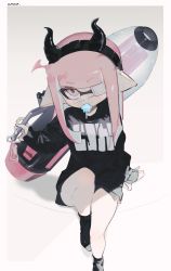 Rule 34 | 1girl, black footwear, blunt bangs, blush, border, eyepatch, fangs, hairband, highres, holding, holding weapon, horns, inkling, inkling girl, inkling player character, long hair, long sleeves, mask, mouth hold, nintendo, pink eyes, pink hair, pointy ears, sidelocks, signature, sitting, skin fangs, solo, tentacle hair, unitoon, weapon