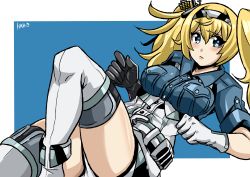 Rule 34 | 1girl, absurdres, artist name, blonde hair, blue background, blue eyes, blue shirt, breast pocket, breasts, frown, gambier bay (kancolle), gloves, haho, hair between eyes, highres, kantai collection, large breasts, long hair, multicolored clothes, multicolored gloves, pocket, shirt, short sleeves, shorts, solo, thighs, twintails, two-tone background, white background, white legwear, white shorts
