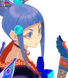 Rule 34 | 10s, 1girl, bell, blue bow, blue eyes, blue hair, blunt bangs, bow, butterfly hair ornament, butterfly wings, choker, closed mouth, colored eyelashes, eyeshadow, flower, folding fan, from side, gunslinger stratos, hair bun, hair flower, hair ornament, hair stick, hand fan, insect wings, japanese clothes, jingle bell, kimono, lace, lipstick, looking to the side, makeup, neck bell, purple eyes, rakando ryn, rakandou rin, red eyeshadow, rose, serious, short hair with long locks, sidelocks, single hair bun, solo, upper body, wings, yuuki (irodo rhythm)