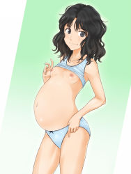 Rule 34 | 1girl, amagami, black eyes, black hair, blush, breasts, camisole, clothes lift, collarbone, female focus, highres, looking at viewer, messy hair, myu-po, navel, nipples, no bra, panties, pregnant, shirt lift, short hair, small breasts, smile, solo, standing, tanamachi kaoru, underwear