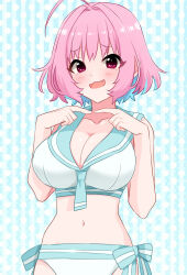 Rule 34 | 1girl, ahoge, alternate eye color, aqua sailor collar, bikini, blue background, blue hair, blush, breasts, cleavage, collarbone, commentary, fang, hands up, highres, idolmaster, idolmaster cinderella girls, index fingers raised, large breasts, looking at viewer, open mouth, pink hair, purple eyes, raised eyebrows, sailor collar, smile, solo, sukoyaka (100hituzi), swimsuit, white background, white bikini, yumemi riamu