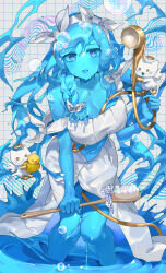 Rule 34 | 1girl, :d, absurdres, blue eyes, blue hair, blue skin, blush, bow, braid, breasts, cat, cleavage, colored skin, hair bow, halo, highres, holding, holding brush, holding shower head, large breasts, long hair, looking at viewer, midriff, monster girl, open mouth, original, rubber duck, sakoku (oyatsu3ji ), shower head, slime girl, smile, soap bubbles, standing, white bow