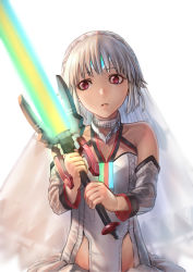 Rule 34 | 1girl, aged down, albino, altera (fate), altera larva (fate), arm warmers, bad id, bad pixiv id, choker, collarbone, dark-skinned female, dark skin, fate/extella, fate/extella link, fate/extra, fate (series), highres, holding, holding sword, holding weapon, leotard, long hair, looking to the side, mugetsu2501, parted lips, photon ray (fate), red eyes, simple background, solo, sword, weapon, white background, white hair, white leotard