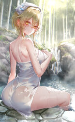 Rule 34 | 1girl, absurdres, ass, back, bare shoulders, blonde hair, blurry, breasts, commentary request, day, depth of field, flower, genshin impact, hand on own chest, hand up, highres, lily (flower), looking at viewer, looking back, lumine (genshin impact), median furrow, medium breasts, naked towel, onsen, outdoors, parted lips, pottsness, rock, see-through, short hair with long locks, shoulder blades, sidelocks, sitting, soaking feet, solo, steam, thighs, towel, towel on head, twitter username, water, waterfall, wet, wet hair, wet towel, white flower, white towel, yellow eyes