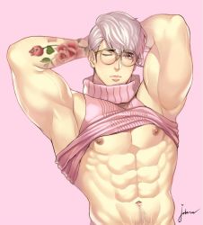 Rule 34 | 1boy, abs, armpits, artist name, bara, bare pectorals, biceps, clothes lift, collared shirt, freckles, glasses, highres, jouvru, large pectorals, looking at viewer, male focus, muscular, muscular male, navel, navel hair, nipples, one eye closed, orange eyes, original, pectoral cleavage, pectorals, shirt, shirt lift, solo, tattoo, thick arms, veins, white hair