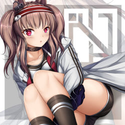 Rule 34 | 1girl, angelina (arknights), animal ears, arknights, black gloves, black shorts, black socks, blush, brown hair, choker, collarbone, commentary, english commentary, gloves, hairband, holding legs, jacket, long hair, long sleeves, looking at viewer, open clothes, open mouth, red eyes, red hairband, sheita, shorts, socks, solo, twintails, white jacket