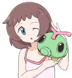 Rule 34 | 1girl, bare arms, brown hair, caterpie, commentary request, creatures (company), eyelashes, game freak, gen 1 pokemon, grey eyes, hands up, head tilt, highres, nagitaro, nintendo, on shoulder, one eye closed, open mouth, pink shirt, pokemon, pokemon (anime), pokemon (creature), pokemon on shoulder, pokemon sm (anime), shirt, simple background, sleeveless, sleeveless shirt, tongue, upper body, white background