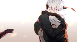 Rule 34 | 1boy, 1girl, absurdres, aki663, android, artist name, black dress, black gloves, blindfold, unworn blindfold, brown background, couple, crying, dress, embers, from side, gloves, gradient background, hetero, highres, hug, joints, long sleeves, nier:automata, nier (series), out of frame, red eyes, robot joints, short hair, signature, tears, upper body, white hair, 2b (nier:automata), 9s (nier:automata)
