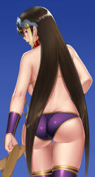 Rule 34 | 1girl, ass, back, bare shoulders, bead necklace, beads, bikini, blue background, blush, breasts, bridal gauntlets, brown hair, earrings, fate/grand order, fate (series), gonoike biwa, headpiece, highres, hoop earrings, jewelry, large breasts, long hair, looking at viewer, looking back, necklace, open mouth, prayer beads, purple bikini, purple eyes, purple thighhighs, sandals, unworn sandals, simple background, solo, swimsuit, thighhighs, very long hair, xuangzang sanzang (fate)