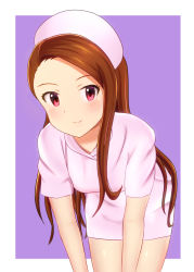 Rule 34 | 1girl, bad id, bad pixiv id, bent over, blush, brown hair, closed mouth, cowboy shot, dress, hat, highres, idolmaster, idolmaster (classic), long hair, looking at viewer, minase iori, nurse, nurse cap, pink dress, purple background, red eyes, runmo77, shiny skin, short dress, short sleeves, smile, solo, standing, straight hair, two-tone background, very long hair, white background