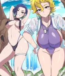Rule 34 | 2girls, ?, armpits, arms behind head, bent over, bikini, black bikini, black choker, blonde hair, blue hair, blush, breasts, briar (pokemon), bright pupils, brown eyes, choker, closed mouth, cloud, creatures (company), crystal earrings, dot mouth, earrings, eyelashes, game freak, green hair, grin, happy, highres, jewelry, large breasts, looking at viewer, multicolored hair, multiple girls, nintendo, one-piece swimsuit, perrin (pokemon), pokemon, pokemon sv, pov, purple one-piece swimsuit, rubipachiku, see-through, see-through shirt, see-through sleeves, shiny swimsuit, shirt, short hair, sky, smile, stretching, swimsuit, swimsuit under clothes, terastallization, textless version, water, water drop, waterfall, wet, wet clothes, wet shirt, whistle, whistle around neck