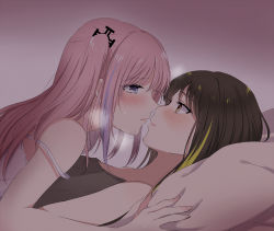 Rule 34 | 2girls, bad id, bad pixiv id, bare shoulders, bed sheet, blue eyes, blush, brown eyes, brown hair, closed mouth, commentary request, embarrassed, face-to-face, girls&#039; frontline, green hair, grey shirt, hair between eyes, hair ornament, imminent kiss, lips, long hair, looking at another, lying, lying on person, m4a1 (girls&#039; frontline), multicolored hair, multiple girls, on back, one side up, pink hair, purple hair, shirt, sidelocks, simple background, sleeveless, sleeveless shirt, st ar-15 (girls&#039; frontline), streaked hair, sui (camellia), sweat, yuri