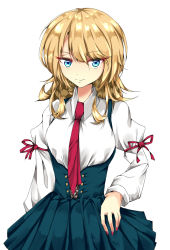 Rule 34 | 1girl, aqua eyes, arm ribbon, artist request, bad id, bad pixiv id, blonde hair, blue eyes, blue skirt, breasts, collared shirt, colored eyelashes, cowboy shot, hair between eyes, highres, long hair, long sleeves, looking at viewer, medium breasts, meme attire, nail polish, necktie, original, red nails, red necktie, ribbon, shirt, sidelocks, simple background, skirt, smile, solo, virgin killer outfit, white background, white shirt