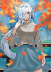 Rule 34 | 1girl, absurdres, autumn leaves, blue hair, eyebrows hidden by hair, falling leaves, fence, genshin impact, green eyes, gusa, hair over one eye, hairband, highres, leaf, long hair, looking at viewer, maple leaf, open mouth, outdoors, pony (animal), shenhe (genshin impact), skirt, solo, sweater