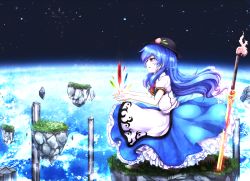 Rule 34 | 1girl, above clouds, bad id, bad pixiv id, blue hair, bow, cloud, dress, earth (planet), food, fruit, hanamaru-s, hat, highres, hinanawi tenshi, keystone, long hair, peach, pillar, planet, red eyes, solo, space, sword of hisou, touhou, weapon