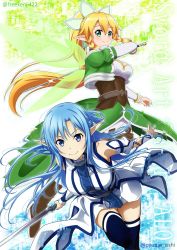 Rule 34 | 2girls, asuna (sao), asuna (sao-alo), bare shoulders, belt, blonde hair, blue background, blue eyes, blue hair, blue thighhighs, blush, boots, braid, breasts, brown footwear, collaboration, commentary request, detached sleeves, digital dissolve, elf, fairy wings, full body, green eyes, green wings, highres, isshi pyuma, ken-ji, large breasts, leafa, lips, long hair, looking at viewer, multiple girls, pointy ears, ponytail, side braid, skirt, smile, sword, sword art online, thighhighs, twin braids, twitter username, very long hair, weapon, white legwear, wings