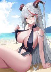 Rule 34 | 1girl, :q, absurdres, aegir (azur lane), arm support, azur lane, bare arms, beach, bikini, bikini top lift, blue sky, blush, breasts, cleavage, clothes lift, clothing cutout, cloud, cloudy sky, collarbone, cross-laced clothes, crossed legs, day, earrings, hair on horn, highleg, highleg swimsuit, highres, horns, jewelry, large breasts, leavv, long hair, looking at viewer, multicolored hair, narrow waist, navel, ocean, orange eyes, outdoors, red hair, revealing clothes, sitting, sky, solo, streaked hair, swimsuit, thighs, tongue, tongue out, very long hair, white hair