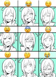 Rule 34 | &gt; &lt;, 1boy, ahoge, angry, aqua background, closed eyes, closed mouth, crying, emoji, expression chart, expressions, hands up, happy, highres, male focus, monochrome, open mouth, relief, roz (hal20010910), sad, shaded face, short hair, smile, solo, squiggle, star (symbol), surprised, sweatdrop, tears, teeth, thinking, upper teeth only, utatane piko, vocaloid, wavy mouth, wide-eyed