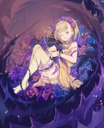 Rule 34 | 1girl, axleaki, babydoll, bare shoulders, barefoot, blonde hair, blue flower, blue rose, briar rose (sinoalice), choker, commentary, dress, flower, frilled choker, frilled dress, frilled shorts, frilled thighhighs, frills, full body, green eyes, hair flower, hair ornament, hairband, highres, looking at viewer, one eye closed, open mouth, parted bangs, purple theme, red flower, red rose, rose, short hair, shorts, sinoalice, sitting, solo, spaghetti strap, thighhighs, wavy mouth, yellow babydoll