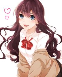 Rule 34 | 1girl, :d, blue eyes, bow, bowtie, brown hair, brown jacket, clothes down, dress shirt, earrings, floating hair, hair between eyes, heart, highres, ichinose shiki, idolmaster, idolmaster cinderella girls, jacket, jewelry, kurage (11649021), long hair, open mouth, red bow, shirt, simple background, smile, solo, upper body, very long hair, white background, white shirt