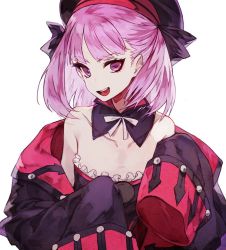 Rule 34 | 1girl, :d, bare shoulders, collarbone, commentary, detached collar, fate/grand order, fate (series), flat chest, hat, helena blavatsky (fate), helena blavatsky (third ascension) (fate), long sleeves, looking at viewer, mo (mocopo), off shoulder, open mouth, pink hair, purple eyes, simple background, sleeves past wrists, smile, solo, upper body, white background, wide sleeves
