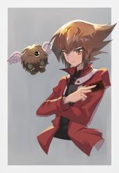 Rule 34 | 1281485291, 1boy, black shirt, border, brown hair, card, closed mouth, cropped torso, duel academy uniform (yu-gi-oh! gx), grey background, hair between eyes, holding, holding card, jacket, long hair, long sleeves, male focus, multicolored hair, open clothes, open jacket, orange eyes, red jacket, shirt, simple background, smile, solo, two-tone hair, white border, winged kuriboh, yu-gi-oh!, yu-gi-oh! gx, yuki judai