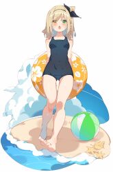 Rule 34 | 1girl, absurdres, arms behind back, ball, bare legs, barefoot, beach, beachball, black one-piece swimsuit, blonde hair, blue sky, blush, bow, braid, breasts, cloud, cloudy sky, covered navel, eyelashes, fang, feet, floral print, full body, green eyes, hair bow, hairband, heterochromia, highres, ibara muan, indie virtual youtuber, innertube, legs, looking at viewer, medium hair, nail polish, one-piece swimsuit, one side up, open mouth, orange eyes, rasusurasu, shadow, side braid, sidelocks, skin fang, sky, small breasts, solo, starfish, swim ring, swimsuit, thighs, toenail polish, toenails, toes, virtual youtuber, water, white background