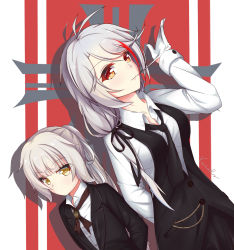 Rule 34 | 2girls, arm behind back, arm up, azur lane, biting, black jacket, black neckwear, black pants, black ribbon, black vest, blush, brown eyes, closed mouth, collared shirt, commentary request, dutch angle, glove biting, gloves, hair between eyes, hair ribbon, highres, jacket, long hair, long sleeves, looking at viewer, low ponytail, mole, mole under eye, multicolored hair, multiple girls, necktie, pants, ponytail, prinz eugen (azur lane), red hair, ribbon, shirt, signature, silver hair, smile, streaked hair, very long hair, vest, voids, white gloves, white ribbon, white shirt, z46 (azur lane)