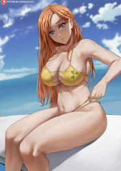 Rule 34 | 1girl, bikini, bleach, blue eyes, breasts, cleavage, covered erect nipples, curvy, highres, inoue orihime, large breasts, long hair, navel, orange hair, outdoors, shexyo, sitting, sky, solo, swimsuit, thick thighs, thighs