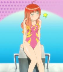 Rule 34 | 1girl, ahoge, blush, casual one-piece swimsuit, collarbone, diving block, gradient hair, green eyes, highres, kenkou zenrakei suieibu umishou, multicolored hair, nanako maaya, one-piece swimsuit, reclining, red hair, screencap, shiny skin, sitting, solo, star (symbol), stitched, swimsuit, thighs, third-party edit