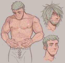 Rule 34 | bara, beard stubble, belly, belly grab, blonde hair, cropped head, dungeon meshi, empty eyes, facial hair, jitome, laios touden, looking ahead, male focus, muscular, muscular male, navel, nipples, pectorals, short hair, sideburns, stancy (stncy), stubble, thick eyebrows, topless male, undercut