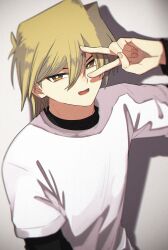 Rule 34 | 1boy, arm up, blonde hair, hair between eyes, highres, jonouchi katsuya, layered clothes, long sleeves, looking at viewer, male focus, open mouth, saito0614, shadow, shirt, short hair, smile, solo, upper body, v over eye, white background, yellow eyes, yu-gi-oh!, yu-gi-oh! duel monsters