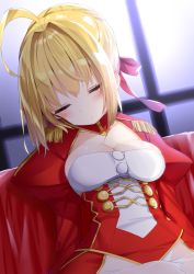 Rule 34 | 10s, 1girl, ahoge, bad id, bad pixiv id, blonde hair, blush, bow, breasts, cleavage, closed eyes, closed mouth, dress, epaulettes, fate/extra, fate (series), hair between eyes, hair bow, hair intakes, hair ribbon, juliet sleeves, long sleeves, medium breasts, nero claudius (fate), nero claudius (fate) (all), nero claudius (fate/extra), puffy sleeves, red bow, red dress, ribbon, sitting, sleeping, solo, tousaki shiina