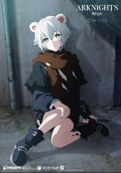 Rule 34 | 1girl, animal ears, arknights, bear ears, bear girl, black footwear, black shorts, blue eyes, brown scarf, copyright name, highres, material growth, misha (arknights), official art, oripathy lesion (arknights), scarf, shorts, sidelocks, solo, white hair, yostar pictures