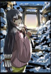 Rule 34 | 1girl, black hair, dress, fog, from behind, furisode, green dress, grey eyes, hair ribbon, hair tubes, highres, japanese clothes, kantai collection, kimono, long hair, long sleeves, looking at viewer, low-tied long hair, mizuho (kancolle), one-hour drawing challenge, open mouth, outdoors, red ribbon, ribbon, seitei (04seitei), shrine, sidelocks, sky, smile, snow, solo, stairs, traditional media, twitter username, very long hair