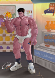 Rule 34 | 1boy, abs, absurdres, alternate costume, anniversary, avenger (dungeon and fighter), bara, beard, black hair, black socks, briefs, covered penis, cross scar, dark-skinned male, dark skin, dirty, dirty clothes, dungeon and fighter, facial hair, frown, full body, highres, indoors, large hands, large pectorals, male focus, male priest (dungeon and fighter), male underwear, mature male, modachai (weibo5622674859), muscular, muscular male, navel, navel hair, nipples, pectorals, priest (dungeon and fighter), scar, scar on face, scar on forehead, shoes, short hair, sideways glance, sneakers, socks, solo, standing, stomach, strongman waist, thick eyebrows, topless male, underwear, white male underwear