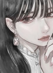 Rule 34 | 1girl, black hair, buttons, commentary request, earrings, eyelashes, face, hair between eyes, jewelry, lips, lipstick, looking at viewer, makeup, nail polish, nose, original, pink lips, pink nails, satoukusuri