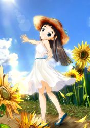 Rule 34 | 1girl, absurdres, black hair, blue footwear, child, chinese commentary, cloud, commentary request, day, dress, flower, full body, goto hime, grass, hand up, hat, heizeliuahua, highres, huge filesize, kakushigoto, lens flare, looking at viewer, outdoors, sandals, solo, standing, straw hat, sunflower, white dress