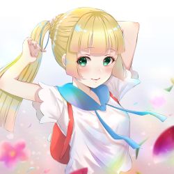 Rule 34 | 1girl, arms up, backpack, bad id, bad pixiv id, bag, blonde hair, closed mouth, creatures (company), flower, game freak, green eyes, highres, lillie (pokemon), long hair, nail polish, nintendo, petals, pokemon, pokemon sm, ponytail, shirt, short sleeves, smile, solo, white shirt, zuzy campbell