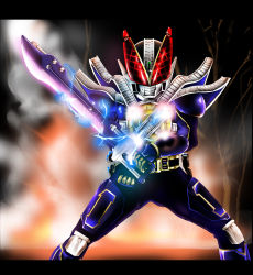 Rule 34 | 1boy, bad id, bad pixiv id, belt, electricity, kamen rider, kamen rider den-o (series), kamen rider new den-o, letterboxed, looking at viewer, male focus, nof, solo, sword, weapon